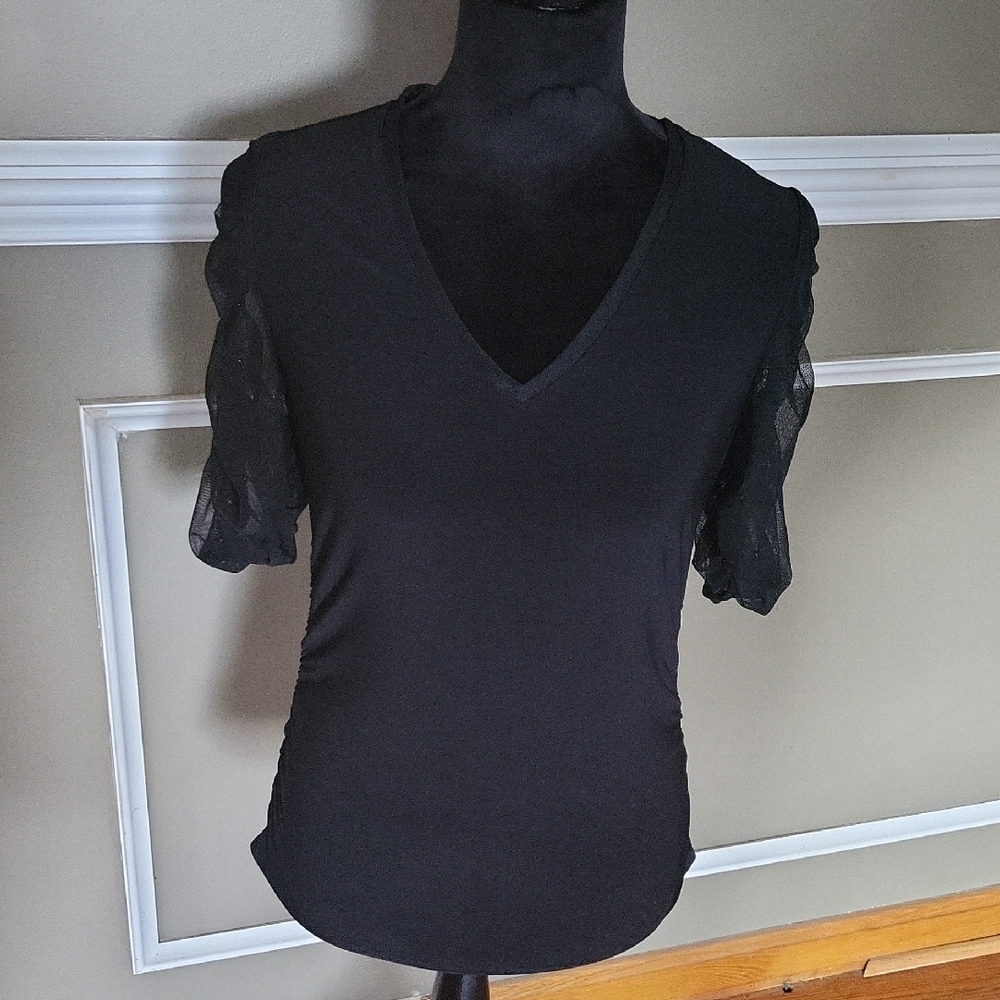 DKNY Women's Black Mesh Sleeve Blouse Size Small
